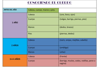 CONOCIENDO EL CUERPO
ANTES DEL AÑO      Cabeza, cuerpo, manos y pies.

                   Cabeza                          (cara, boca, ojos)

                   Cuerpo                          (nalgas, barriga, piernas, pies)
        1 AÑO

                   Manos                           (dedos, brazos)

                   Pies                            (piernas, dedos)

                   Cabeza                          (nariz, orejas, mejillas, cabello)

       2 AÑOS
                   Cuerpo                          (ombligo)
                   Manos                           (uñas)
                   Cabeza                          (Frente)
      3 A 4 AÑOS
                   Cuerpo                          (barriga, muslos, codos, rodillas, pene o
                                                   vagina)
 