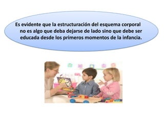 Es evidente que la estructuración del esquema corporal
  no es algo que deba dejarse de lado sino que debe ser
  educada desde los primeros momentos de la infancia.
 