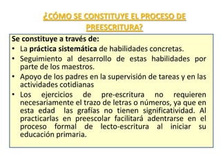 ¿CÓMO SE CONSTITUYE EL PROCESO DE
                      PREESCRITURA?
Se constituye a través de:
• La práctica sistemática de habilidades concretas.
• Seguimiento al desarrollo de estas habilidades por
  parte de los maestros.
• Apoyo de los padres en la supervisión de tareas y en las
  actividades cotidianas
• Los ejercicios de pre-escritura no requieren
  necesariamente el trazo de letras o números, ya que en
  esta edad las grafías no tienen significatividad. Al
  practicarlas en preescolar facilitará adentrarse en el
  proceso formal de lecto-escritura al iniciar su
  educación primaria.
 