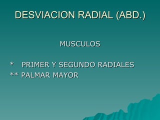 DESVIACION RADIAL (ABD.) MUSCULOS *  PRIMER Y SEGUNDO RADIALES ** PALMAR MAYOR 
