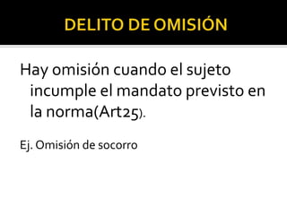 Hay omisión cuando el sujeto
 incumple el mandato previsto en
 la norma(Art25).
Ej. Omisión de socorro
 