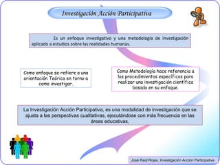 Investigación Acción Participativa


              Es un enfoque investigativo y una metodología de investigación
   aplicado a estudios sobre las realidades humanas.




Como enfoque se refiere a una             Como Metodología hace referencia a
orientación Teórica en torno a            los procedimientos específicos para
       como investigar.                   realizar una investigación científica
                                                 basada en su enfoque.



La Investigación Acción Participativa, es una modalidad de investigación que se
 ajusta a las perspectivas cualitativas, ejecutándose con más frecuencia en las
                                áreas educativas,




                                                 José Raúl Rojas, Investigación Acción Participativa
 