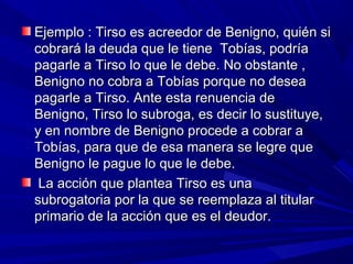 Ejemplo : Tirso es acreedor de Benigno, quién siEjemplo : Tirso es acreedor de Benigno, quién si
cobrará la deuda que le tiene Tobías, podríacobrará la deuda que le tiene Tobías, podría
pagarle a Tirso lo que le debe. No obstante ,pagarle a Tirso lo que le debe. No obstante ,
Benigno no cobra a Tobías porque no deseaBenigno no cobra a Tobías porque no desea
pagarle a Tirso. Ante esta renuencia depagarle a Tirso. Ante esta renuencia de
Benigno, Tirso lo subroga, es decir lo sustituye,Benigno, Tirso lo subroga, es decir lo sustituye,
y en nombre de Benigno procede a cobrar ay en nombre de Benigno procede a cobrar a
Tobías, para que de esa manera se legre queTobías, para que de esa manera se legre que
Benigno le pague lo que le debe.Benigno le pague lo que le debe.
La acción que plantea Tirso es unaLa acción que plantea Tirso es una
subrogatoria por la que se reemplaza al titularsubrogatoria por la que se reemplaza al titular
primario de la acción que es el deudor.primario de la acción que es el deudor.
 