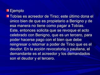 EjemploEjemplo
Tobías es acreedor de Tirso; este último dona elTobías es acreedor de Tirso; este último dona el
único bien de que es propietario a Benigno y deúnico bien de que es propietario a Benigno y de
esa manera no tiene como pagar a Tobías.esa manera no tiene como pagar a Tobías.
Este, entonces solicita que se revoque el actoEste, entonces solicita que se revoque el acto
celebrado con Benigno, que es un tercero, paracelebrado con Benigno, que es un tercero, para
poder hacerse pago con el bien que debepoder hacerse pago con el bien que debe
reingresar o retornar a poder de Tirso que es elreingresar o retornar a poder de Tirso que es el
deudor. En la acción revocatoria o pauliana, eldeudor. En la acción revocatoria o pauliana, el
demandante es el acreedor y los demandadosdemandante es el acreedor y los demandados
son el deudor y el tercero.son el deudor y el tercero.
 
