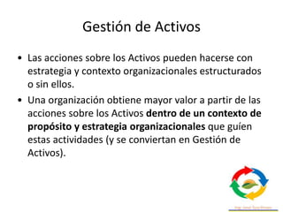 Gestión de Activos
• Las acciones sobre los Activos pueden hacerse con
estrategia y contexto organizacionales estructurado...