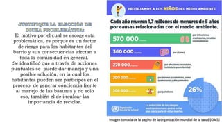 El motivo por el cual se escoge esta
problemática, es porque es un factor
de riesgo para los habitantes del
barrio y sus consecuencias afectan a
toda la comunidad en general.
Se identificó que a través de acciones
puntuales se puede dar manejo y una
posible solución, en la cual los
habitantes pueden ser partícipes en el
proceso de generar conciencia frente
al manejo de las basuras y no solo
eso, también el de inculcar las
importancia de reciclar.
Imagen tomada de la pagina de la organización mundial de la salud (OMS)
 