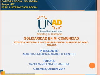 CATEDRA SOCIAL SOLIDARIA
Grupo: 487
FASE 3 INTERACCION SOCIAL
SOLIDARIDAD EN MI COMUNIDAD
ATENCION INTEGRAL A LA PRIMERA INFANCIA MUNICIPIO DE TAME -
ARAUCA
INTEGRANTE:
MARTHA PATRICIA NARANJO FUENTES
TUTORA:
SANDRA MILENA OREJARENA
Colombia, Octubre 2017
 