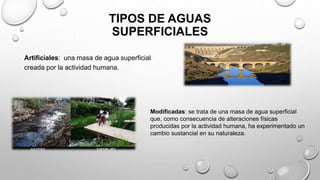TIPOS DE AGUAS
SUPERFICIALES
Artificiales: una masa de agua superficial
creada por la actividad humana.
Modificadas: se trata de una masa de agua superficial
que, como consecuencia de alteraciones físicas
producidas por la actividad humana, ha experimentado un
cambio sustancial en su naturaleza.
 