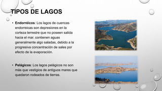 TIPOS DE LAGOS
• Endorréicos: Los lagos de cuencas
endorreicas son depresiones en la
corteza terrestre que no poseen salida
hacia el mar. contienen aguas
generalmente algo saladas, debido a la
progresiva concentración de sales por
efecto de la evaporación.
• Pelágicos: Los lagos pelágicos no son
más que vestigios de antiguos mares que
quedaron rodeados de tierras.
 