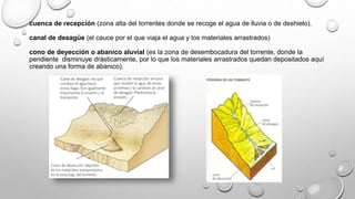 cuenca de recepción (zona alta del torrentes donde se recoge el agua de lluvia o de deshielo).
canal de desagüe (el cauce por el que viaja el agua y los materiales arrastrados)
cono de deyección o abanico aluvial (es la zona de desembocadura del torrente, donde la
pendiente disminuye drásticamente, por lo que los materiales arrastrados quedan depositados aquí
creando una forma de abanico).
 