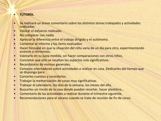• TUTORÍA.
• Se realizará un breve comentario sobre los distintos temas trabajados y actividades
realizadas:
• Valorar el esfuerzo realizado.
• No comparar con nadie.
• Apreciar la diferencia entre el trabajo dirigido y el autónomo.
• Comentar el informe y los items evaluados:
• Hacer hincapié en que la situación del niño varía de un día para otro, experimentando
avances y retrocesos.
• Valorarlo en su justa medida, sin hacer comparaciones con otros niños.
• Concretar que sólo se resaltan los aspectos más significativos.
• Recordatorio de normas generales.
• Consejos orientadores sobre actividades a realizar en casa. Dedicarles del tiempo que
se disponga para:
• Contarles cuentos y recordarlos.
• Trabajar la memorización de cosas muy significativas.
• Trabajar el calendario, los días de la semana, los meses del año.
• Buscarles un rincón de la casa donde puedan recortar, hacer plastilina...
• Comentario de las actividades a realizar durante el trimestre siguiente.
• Recomendaciones para el verano cuando se trate de reunión de fin de curso.
 