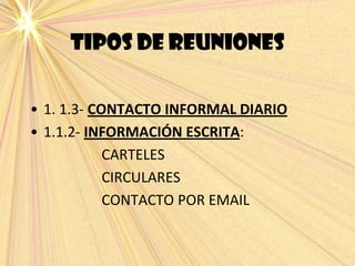 TIPOS DE REUNIONES
• 1. 1.3- CONTACTO INFORMAL DIARIO
• 1.1.2- INFORMACIÓN ESCRITA:
CARTELES
CIRCULARES
CONTACTO POR EMAIL
 