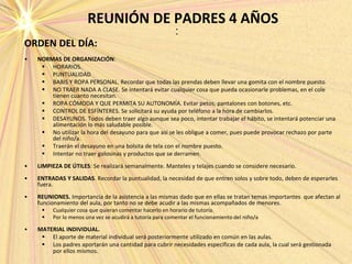 REUNIÓN DE PADRES 4 AÑOS•
•
ORDEN DEL DÍA:
• NORMAS DE ORGANIZACIÓN:
 HORARIOS.
 PUNTUALIDAD
 BABIS Y ROPA PERSONAL. Recordar que todas las prendas deben llevar una gomita con el nombre puesto.
 NO TRAER NADA A CLASE. Se intentará evitar cualquier cosa que pueda ocasionarle problemas, en el cole
tienen cuanto necesitan.
 ROPA CÓMODA Y QUE PERMITA SU AUTONOMÍA. Evitar petos, pantalones con botones, etc.
 CONTROL DE ESFÍNTERES. Se solicitará su ayuda por teléfono a la hora de cambiarlos.
 DESAYUNOS. Todos deben traer algo aunque sea poco, intentar trabajar el hábito, se intentará potenciar una
alimentación lo más saludable posible.
 No utilizar la hora del desayuno para que así se les obligue a comer, pues puede provocar rechazo por parte
del niño/a.
 Traerán el desayuno en una bolsita de tela con el nombre puesto.
 Intentar no traer golosinas y productos que se derramen.
• LIMPIEZA DE ÚTILES: Se realizará semanalmente. Manteles y telajes cuando se considere necesario.
• ENTRADAS Y SALIDAS. Recordar la puntualidad, la necesidad de que entren solos y sobre todo, deben de esperarles
fuera.
• REUNIONES. Importancia de la asistencia a las mismas dado que en ellas se tratan temas importantes que afectan al
funcionamiento del aula, por tanto no se debe acudir a las mismas acompañados de menores.
 Cualquier cosa que quieran comentar hacerlo en horario de tutoría.
 Por lo menos una vez se acudirá a tutoría para comentar el funcionamiento del niño/a
• MATERIAL INDIVIDUAL.
 El aporte de material individual será posteriormente utilizado en común en las aulas.
 Los padres aportarán una cantidad para cubrir necesidades específicas de cada aula, la cual será gestionada
por ellos mismos.
 