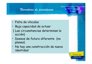 Narrativas de persistencia
• Falta de vínculos
• Baja capacidad de actuar
( Las circunstancias determinan la
acción)
• Deseos de futuro diferente (no
planes)
• No hay una construcción de nueva
identidad
10

 