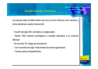 Desde donde miramos
Las teorías sobre el delito tienen que ver en como miramos aalos menores yy
Las teorías sobre el delito tienen que ver en como miramos los menores
como plantemos nuestra intervención
como plantemos nuestra intervención
A partir del siglo XIX: centrados en peligrosidad
A partir del siglo XIX: centrados en peligrosidad
Desde 1920: factores psicológicos yy sociales asociados aa la conducta
Desde 1920: factores psicológicos sociales asociados la conducta
delictual
delictual
En los años 70: riesgo de reincidencia
En los años 70: riesgo de reincidencia
Con el cambio de siglo: Instrumentos de tercera generación
Con el cambio de siglo: Instrumentos de tercera generación
Teorías sobre el desestimiento.
Teorías sobre el desestimiento.

21

 
