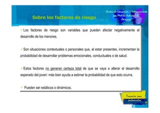 Sobre los factores de riesgo
Los factores de riesgo son variables que pueden afectar negativamente el
Los factores de riesgo son variables que pueden afectar negativamente el
desarrollo de los menores.
desarrollo de los menores.
Son situaciones contextuales oopersonales que, al estar presentes, incrementan la
Son situaciones contextuales personales que, al estar presentes, incrementan la
probabilidad de desarrollar problemas emocionales, conductuales oode salud.
probabilidad de desarrollar problemas emocionales, conductuales de salud.
Estos factores no generan certeza total de que se vaya aa alterar el desarrollo
Estos factores no generan certeza total de que se vaya alterar el desarrollo
esperado del joven: más bien ayuda aaestimar la probabilidad de que esto ocurra.
esperado del joven: más bien ayuda estimar la probabilidad de que esto ocurra.
Pueden ser estáticos oodinámicos.
Pueden ser estáticos dinámicos.

26

 