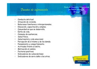 informació
Fuentes de información
•
•
•
•
•
•
•
•
•
•
•
•
•
•
•
•

Conducta delictual.
Situación de vivienda.
Relaciones familiares e interpersonales.
Educación, capacitación y empleo.
Comunidad en que se desarrolla.
Estilo de vida.
Consumo de sustancias.
Salud física.
Salud mental y vida emocional.
Percepción de sí mismo y de los demás.
Pensamiento y comportamiento.
Actitudes frente al delito.
Motivación al cambio.
Factores positivos.
Indicadores de vulnerabilidad.
Indicadores de serio daño a los otros.
32

 