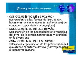 El tutor y los diseños curriculares
• CONOCIMIENTO DE SI MISMO –
acercamiento a las formas del ser, tener,
hacer y estar con el apoyo (si así lo desea) del
educador capacidades pedagógicas)
• CONOCIMIENTO DE LOS DEMÁS –
Comprensión de las necesidades existenciales
del otro, de la complementariedad y la unidad
en la diversidad
• CONOCIMIENTO DEL ENTORNO –
valoración y apropiación de las potencialidades
que ofrece el entorno natural y antrópico para
el bienestar humano.

34

 