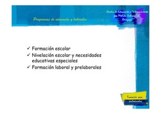 educació
Programas de educación y laborales

Formación escolar
Nivelación escolar y necesidades
educativas especiales
Formación laboral y prelaborales

43

 