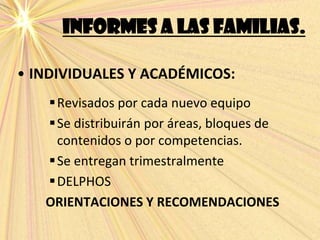 INFORMES A LAS FAMILIAS.
• INDIVIDUALES Y ACADÉMICOS:
Revisados por cada nuevo equipo
Se distribuirán por áreas, bloques de
contenidos o por competencias.
Se entregan trimestralmente
DELPHOS
ORIENTACIONES Y RECOMENDACIONES
 