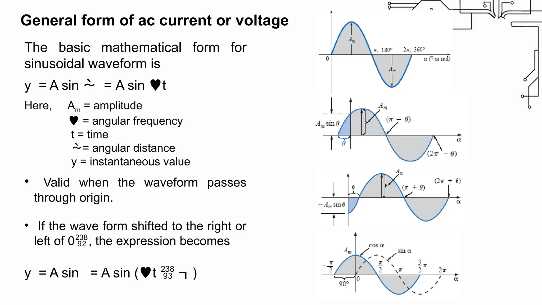 General form of ac current or voltage
The basic mathematical form for
sinusoidal waveform is
y = A sin  = A sin t
Here, Am = amplitude
 = angular frequency
t = time
= angular distance
y = instantaneous value
• Valid when the waveform passes
through origin.
• If the wave form shifted to the right or
left of 0, the expression becomes
y = A sin = A sin (t  )
 