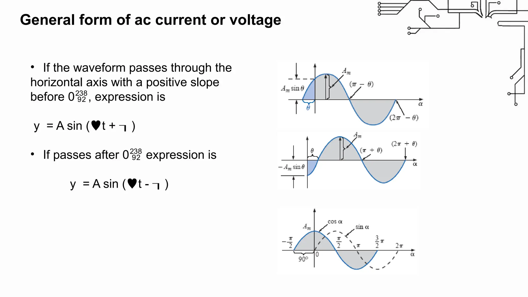 • If the waveform passes through the
horizontal axis with a positive slope
before 0, expression is
y = A sin (t + )
• If passes after 0 expression is
y = A sin (t - )
General form of ac current or voltage
 