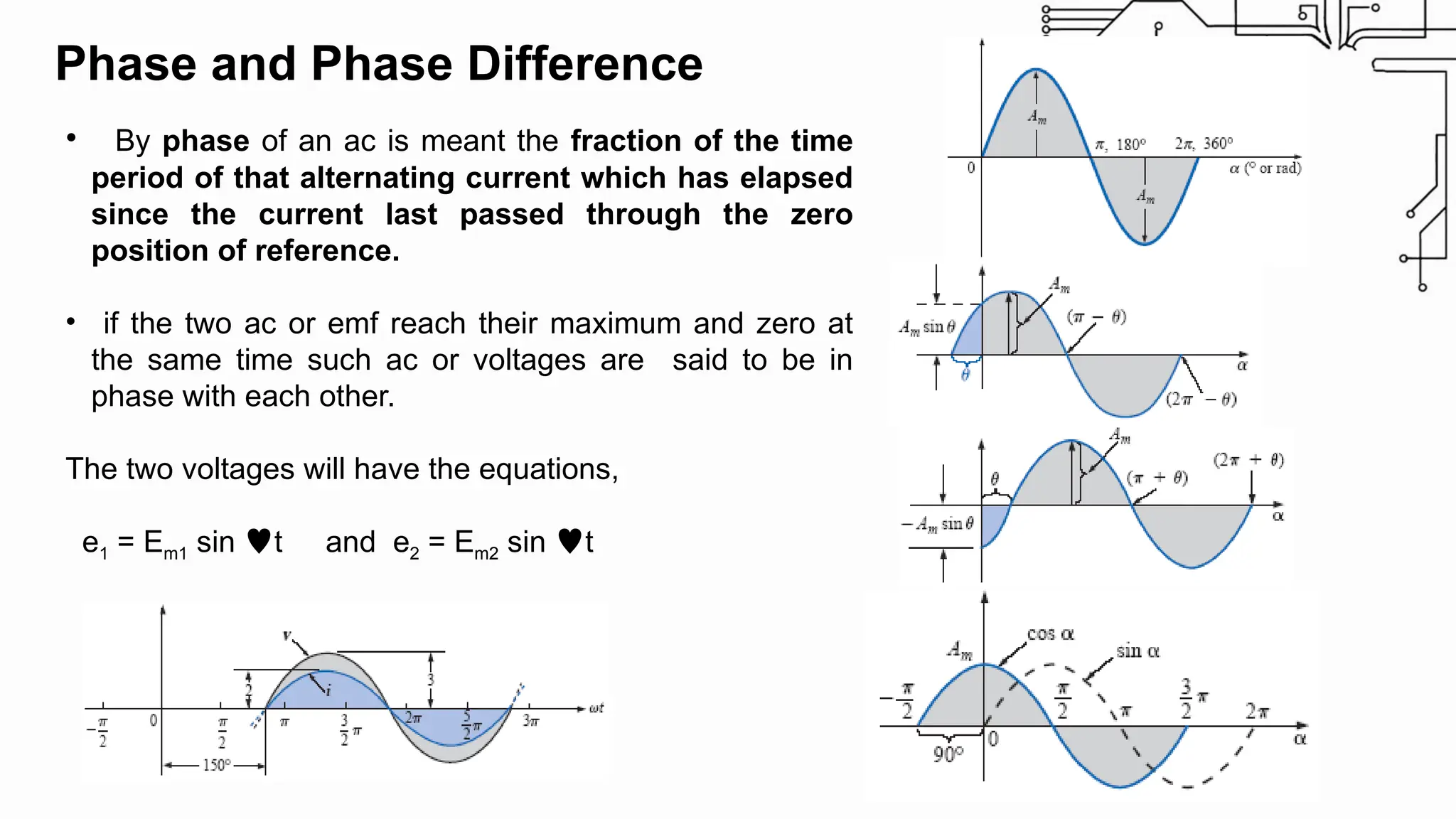 Phase and Phase Difference
• By phase of an ac is meant the fraction of the time
period of that alternating current which has elapsed
since the current last passed through the zero
position of reference.
• if the two ac or emf reach their maximum and zero at
the same time such ac or voltages are said to be in
phase with each other.
The two voltages will have the equations,
e1 = Em1 sin t and e2 = Em2 sin t
 