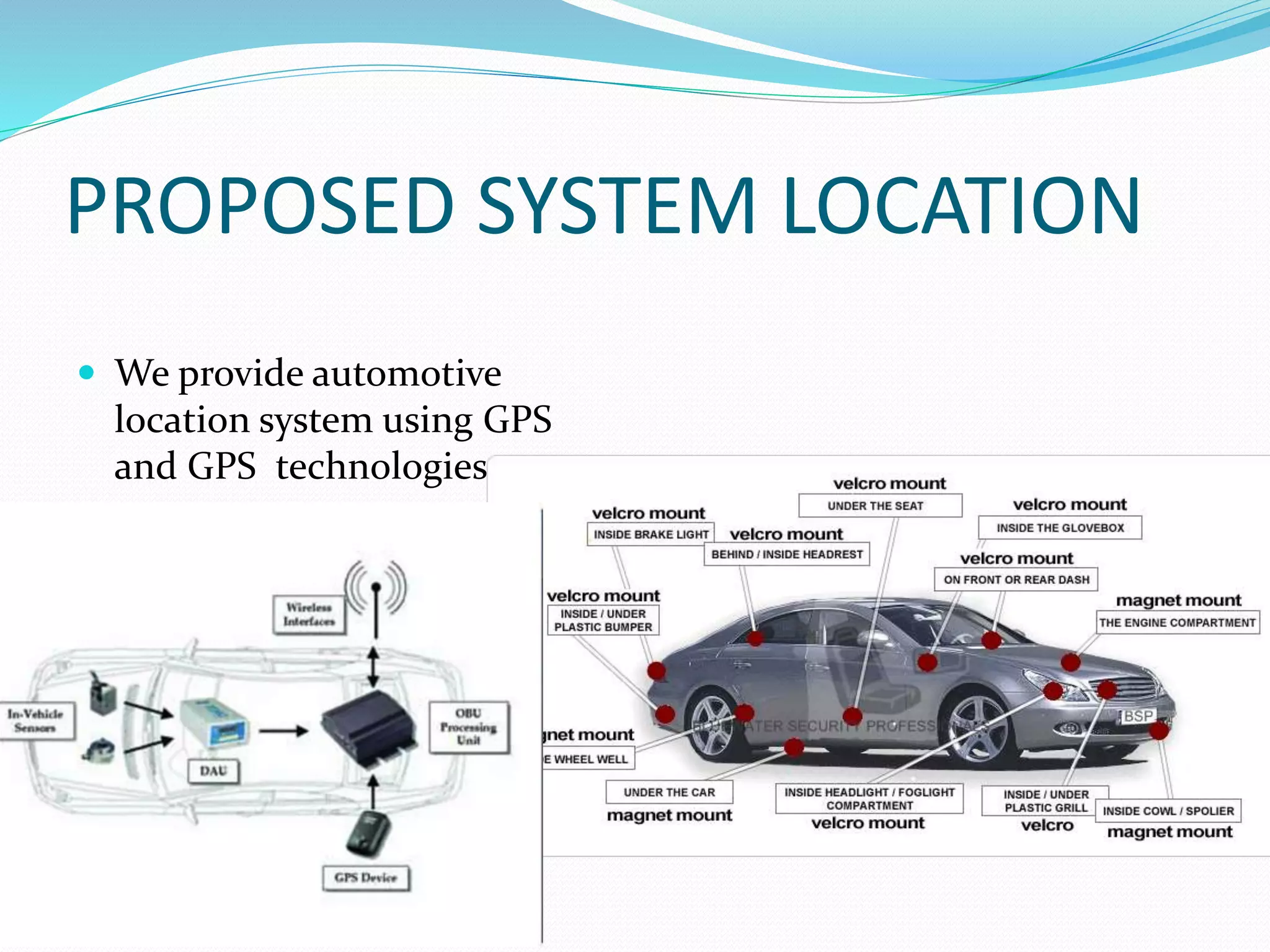 PROPOSED SYSTEM LOCATION
 We provide automotive
location system using GPS
and GPS technologies.
 