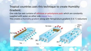 Tropical countries uses this technique to create Humidity
Gradient:
One side has wet curtains of cellulose or polystyrene pads which are constantly
supplied with water on other side exaust fans.
This creates a Humidity gradient along with Temperature gradient (5-6 ˚C reduction)
17
 