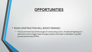 OPPORTUNITIES
• ROAD CONSTRUCTION WILL BOOST DEMAND :
• The Government has set the target of constructing 20 km. of national highways on
daily basis and to trigger these changes projects have been undertaken via public
private partnerships (PPPs)
 