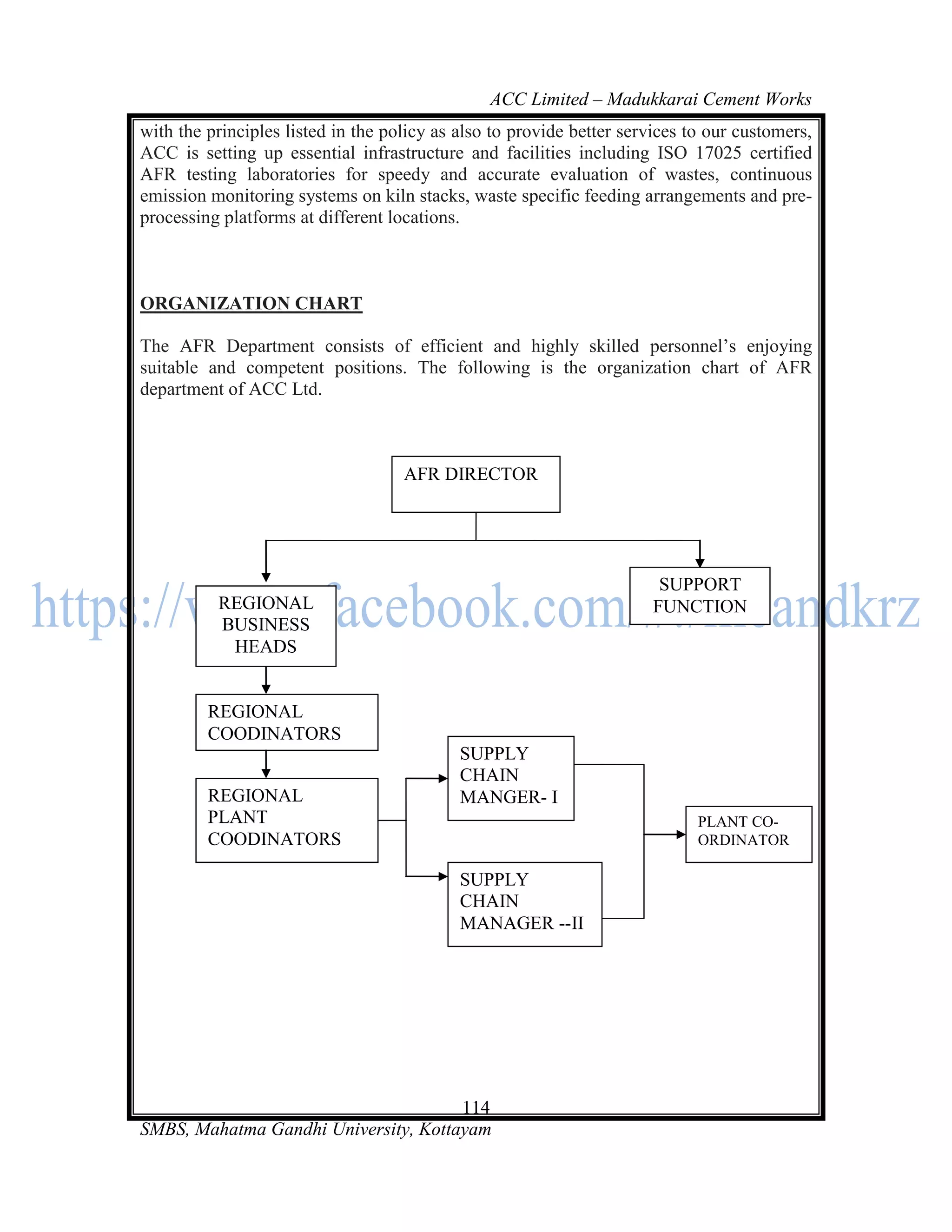 ACC Limited – Madukkarai Cement Works
with the principles listed in the policy as also to provide better services to our customers,
ACC is setting up essential infrastructure and facilities including ISO 17025 certified
AFR testing laboratories for speedy and accurate evaluation of wastes, continuous
emission monitoring systems on kiln stacks, waste specific feeding arrangements and pre-
processing platforms at different locations.



ORGANIZATION CHART

The AFR Department consists of efficient and highly skilled personnel‘s enjoying
suitable and competent positions. The following is the organization chart of AFR
department of ACC Ltd.



                                    AFR DIRECTOR




                                                                       SUPPORT
          REGIONAL                                                    FUNCTION
          BUSINESS
           HEADS


         REGIONAL
         COODINATORS
                                            SUPPLY
                                            CHAIN
         REGIONAL                           MANGER- I
         PLANT                                                               PLANT CO-
         COODINATORS                                                         ORDINATOR

                                            SUPPLY
                                            CHAIN
                                            MANAGER --II




                                      114
SMBS, Mahatma Gandhi University, Kottayam
 
