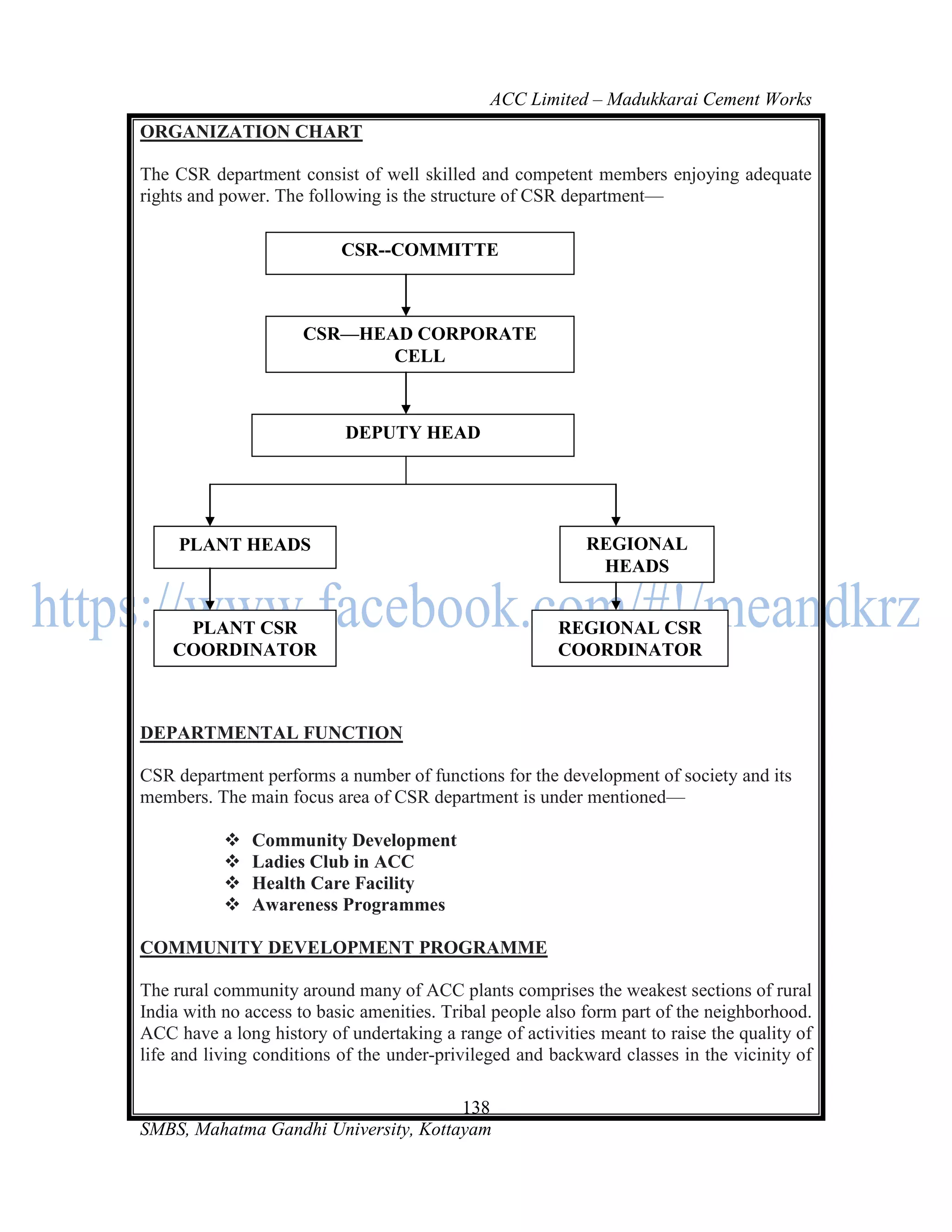 ACC Limited – Madukkarai Cement Works
ORGANIZATION CHART

The CSR department consist of well skilled and competent members enjoying adequate
rights and power. The following is the structure of CSR department—

                          CSR--COMMITTE



                     CSR—HEAD CORPORATE
                            CELL



                           DEPUTY HEAD




     PLANT HEADS                                           REGIONAL
                                                            HEADS


     PLANT CSR                                         REGIONAL CSR
    COORDINATOR                                        COORDINATOR



DEPARTMENTAL FUNCTION

CSR department performs a number of functions for the development of society and its
members. The main focus area of CSR department is under mentioned—

              Community Development
              Ladies Club in ACC
              Health Care Facility
              Awareness Programmes

COMMUNITY DEVELOPMENT PROGRAMME

The rural community around many of ACC plants comprises the weakest sections of rural
India with no access to basic amenities. Tribal people also form part of the neighborhood.
ACC have a long history of undertaking a range of activities meant to raise the quality of
life and living conditions of the under-privileged and backward classes in the vicinity of

                                      138
SMBS, Mahatma Gandhi University, Kottayam
 
