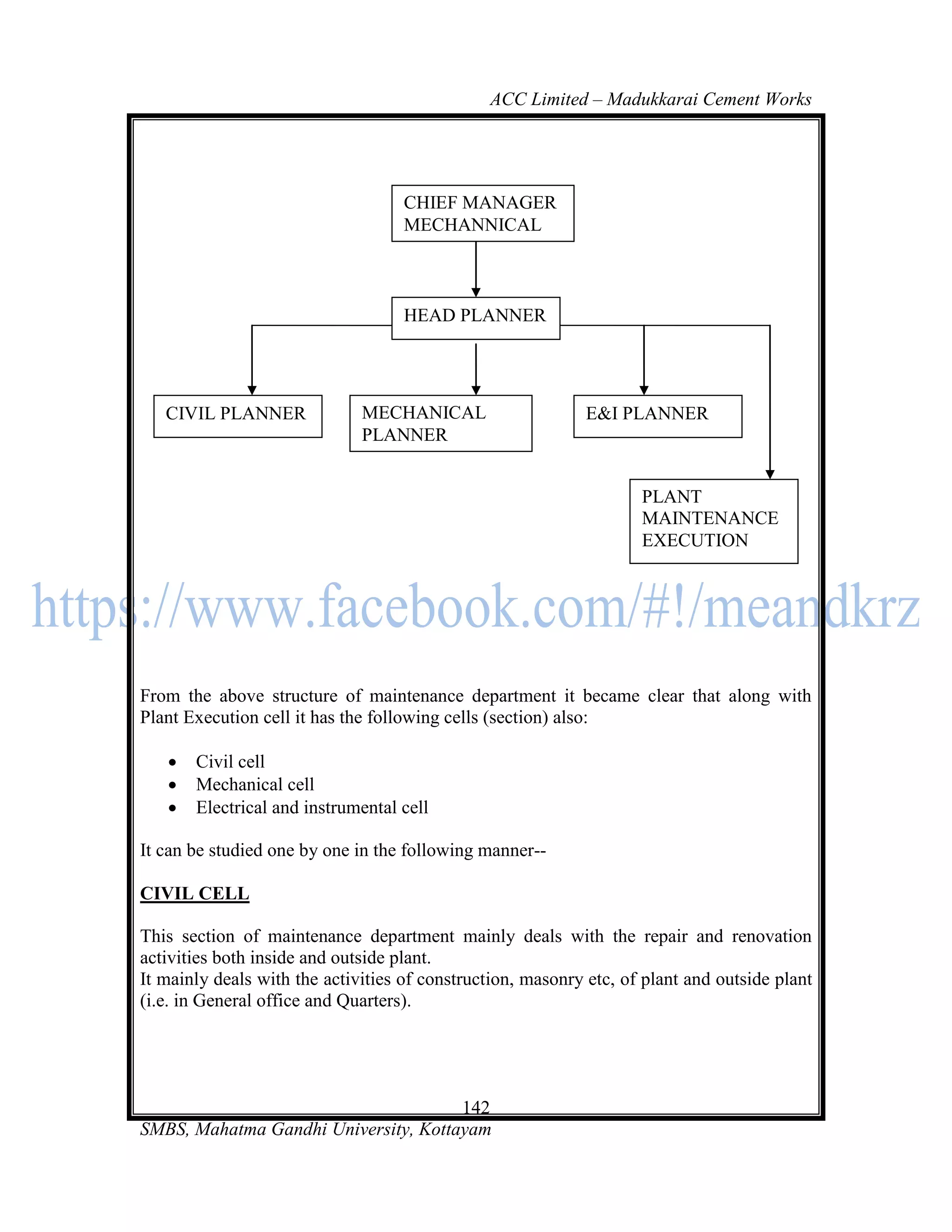 ACC Limited – Madukkarai Cement Works




                                    CHIEF MANAGER
                                    MECHANNICAL



                                    HEAD PLANNER




   CIVIL PLANNER              MECHANICAL                     E&I PLANNER
                              PLANNER


                                                                    PLANT
                                                                    MAINTENANCE
                                                                    EXECUTION




From the above structure of maintenance department it became clear that along with
Plant Execution cell it has the following cells (section) also:

      Civil cell
      Mechanical cell
      Electrical and instrumental cell

It can be studied one by one in the following manner--

CIVIL CELL

This section of maintenance department mainly deals with the repair and renovation
activities both inside and outside plant.
It mainly deals with the activities of construction, masonry etc, of plant and outside plant
(i.e. in General office and Quarters).




                                      142
SMBS, Mahatma Gandhi University, Kottayam
 