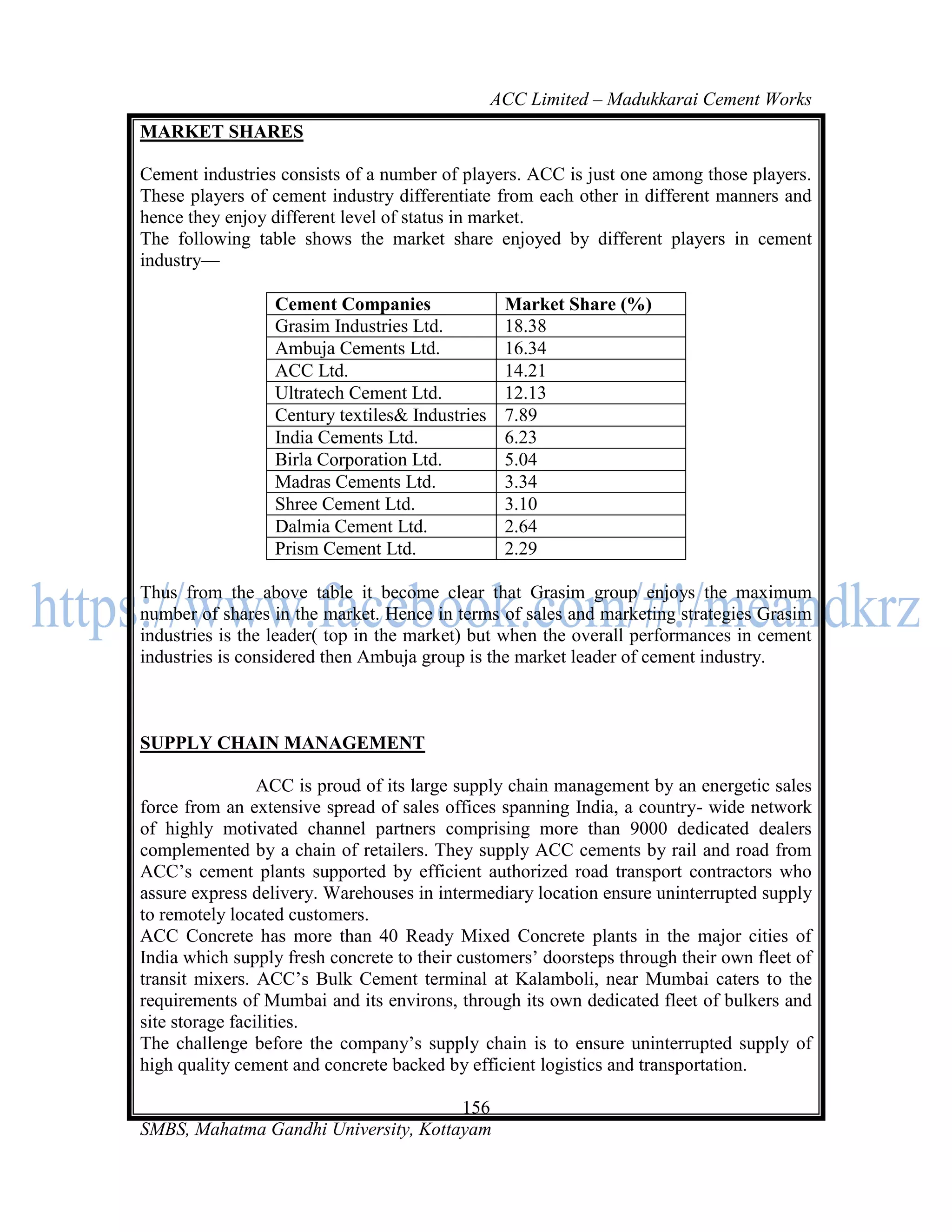 ACC Limited – Madukkarai Cement Works
MARKET SHARES

Cement industries consists of a number of players. ACC is just one among those players.
These players of cement industry differentiate from each other in different manners and
hence they enjoy different level of status in market.
The following table shows the market share enjoyed by different players in cement
industry—

                  Cement Companies                Market Share (%)
                  Grasim Industries Ltd.          18.38
                  Ambuja Cements Ltd.             16.34
                  ACC Ltd.                        14.21
                  Ultratech Cement Ltd.           12.13
                  Century textiles& Industries    7.89
                  India Cements Ltd.              6.23
                  Birla Corporation Ltd.          5.04
                  Madras Cements Ltd.             3.34
                  Shree Cement Ltd.               3.10
                  Dalmia Cement Ltd.              2.64
                  Prism Cement Ltd.               2.29

Thus from the above table it become clear that Grasim group enjoys the maximum
number of shares in the market. Hence in terms of sales and marketing strategies Grasim
industries is the leader( top in the market) but when the overall performances in cement
industries is considered then Ambuja group is the market leader of cement industry.



SUPPLY CHAIN MANAGEMENT

                 ACC is proud of its large supply chain management by an energetic sales
force from an extensive spread of sales offices spanning India, a country- wide network
of highly motivated channel partners comprising more than 9000 dedicated dealers
complemented by a chain of retailers. They supply ACC cements by rail and road from
ACC‘s cement plants supported by efficient authorized road transport contractors who
assure express delivery. Warehouses in intermediary location ensure uninterrupted supply
to remotely located customers.
ACC Concrete has more than 40 Ready Mixed Concrete plants in the major cities of
India which supply fresh concrete to their customers‘ doorsteps through their own fleet of
transit mixers. ACC‘s Bulk Cement terminal at Kalamboli, near Mumbai caters to the
requirements of Mumbai and its environs, through its own dedicated fleet of bulkers and
site storage facilities.
The challenge before the company‘s supply chain is to ensure uninterrupted supply of
high quality cement and concrete backed by efficient logistics and transportation.

                                      156
SMBS, Mahatma Gandhi University, Kottayam
 