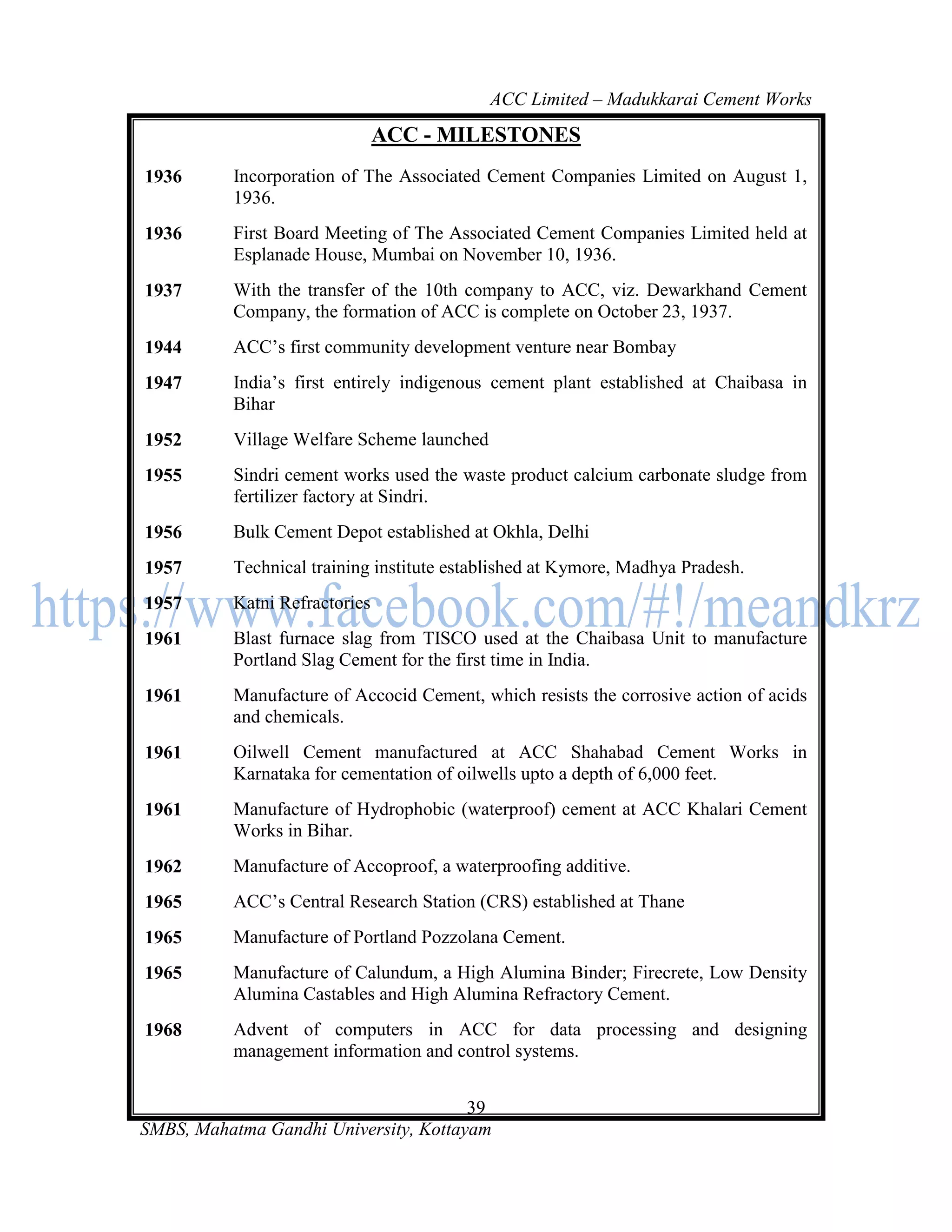 ACC Limited – Madukkarai Cement Works
                               ACC - MILESTONES
1936      Incorporation of The Associated Cement Companies Limited on August 1,
          1936.
1936      First Board Meeting of The Associated Cement Companies Limited held at
          Esplanade House, Mumbai on November 10, 1936.
1937      With the transfer of the 10th company to ACC, viz. Dewarkhand Cement
          Company, the formation of ACC is complete on October 23, 1937.
1944      ACC‘s first community development venture near Bombay
1947      India‘s first entirely indigenous cement plant established at Chaibasa in
          Bihar
1952      Village Welfare Scheme launched
1955      Sindri cement works used the waste product calcium carbonate sludge from
          fertilizer factory at Sindri.
1956      Bulk Cement Depot established at Okhla, Delhi
1957      Technical training institute established at Kymore, Madhya Pradesh.
1957      Katni Refractories
1961      Blast furnace slag from TISCO used at the Chaibasa Unit to manufacture
          Portland Slag Cement for the first time in India.
1961      Manufacture of Accocid Cement, which resists the corrosive action of acids
          and chemicals.
1961      Oilwell Cement manufactured at ACC Shahabad Cement Works in
          Karnataka for cementation of oilwells upto a depth of 6,000 feet.
1961      Manufacture of Hydrophobic (waterproof) cement at ACC Khalari Cement
          Works in Bihar.
1962      Manufacture of Accoproof, a waterproofing additive.
1965      ACC‘s Central Research Station (CRS) established at Thane
1965      Manufacture of Portland Pozzolana Cement.
1965      Manufacture of Calundum, a High Alumina Binder; Firecrete, Low Density
          Alumina Castables and High Alumina Refractory Cement.
1968      Advent of computers in ACC for data processing and designing
          management information and control systems.


                                       39
SMBS, Mahatma Gandhi University, Kottayam
 