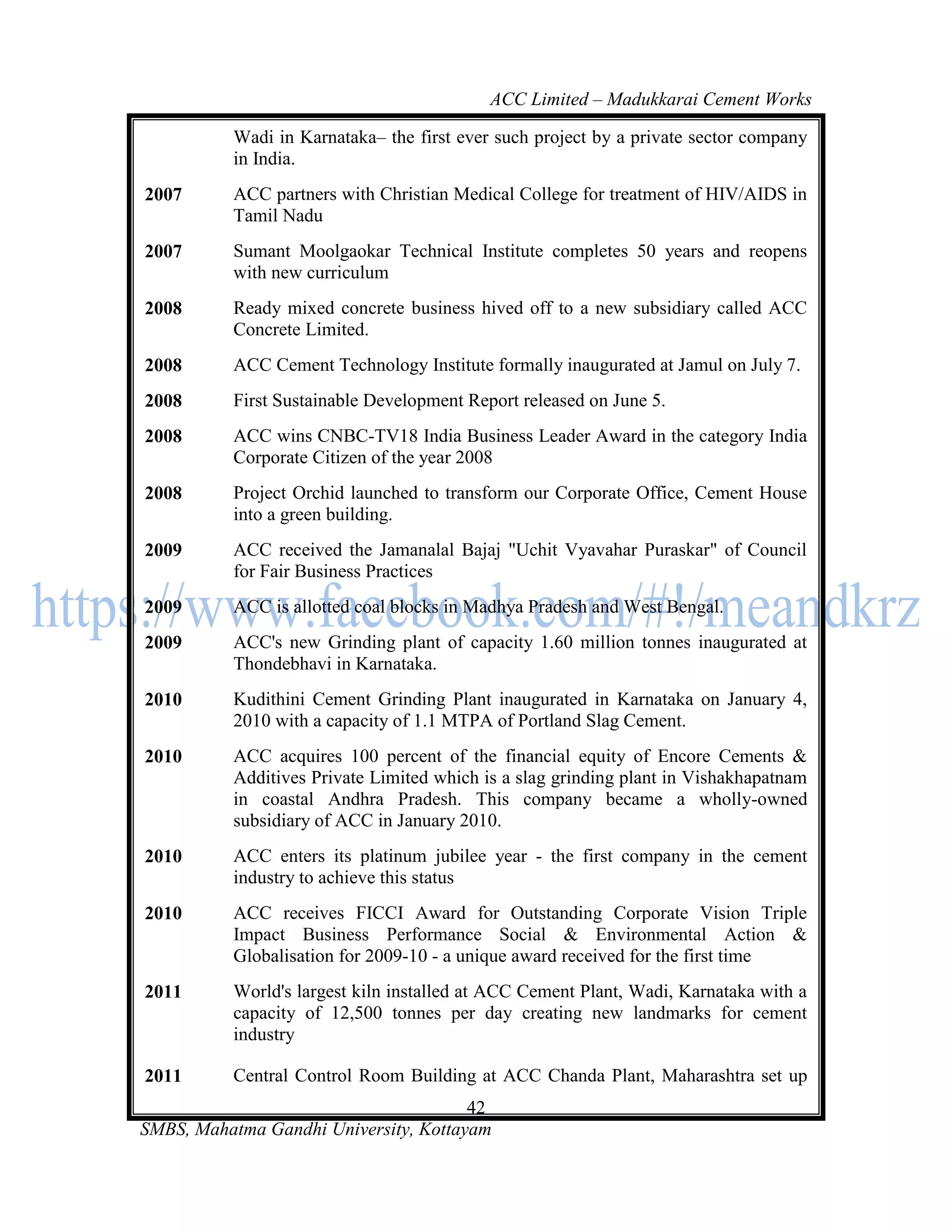 ACC Limited – Madukkarai Cement Works

          Wadi in Karnataka– the first ever such project by a private sector company
          in India.
2007      ACC partners with Christian Medical College for treatment of HIV/AIDS in
          Tamil Nadu
2007      Sumant Moolgaokar Technical Institute completes 50 years and reopens
          with new curriculum
2008      Ready mixed concrete business hived off to a new subsidiary called ACC
          Concrete Limited.
2008      ACC Cement Technology Institute formally inaugurated at Jamul on July 7.
2008      First Sustainable Development Report released on June 5.
2008      ACC wins CNBC-TV18 India Business Leader Award in the category India
          Corporate Citizen of the year 2008
2008      Project Orchid launched to transform our Corporate Office, Cement House
          into a green building.
2009      ACC received the Jamanalal Bajaj "Uchit Vyavahar Puraskar" of Council
          for Fair Business Practices
2009      ACC is allotted coal blocks in Madhya Pradesh and West Bengal.
2009      ACC's new Grinding plant of capacity 1.60 million tonnes inaugurated at
          Thondebhavi in Karnataka.
2010      Kudithini Cement Grinding Plant inaugurated in Karnataka on January 4,
          2010 with a capacity of 1.1 MTPA of Portland Slag Cement.
2010      ACC acquires 100 percent of the financial equity of Encore Cements &
          Additives Private Limited which is a slag grinding plant in Vishakhapatnam
          in coastal Andhra Pradesh. This company became a wholly-owned
          subsidiary of ACC in January 2010.
2010      ACC enters its platinum jubilee year - the first company in the cement
          industry to achieve this status
2010      ACC receives FICCI Award for Outstanding Corporate Vision Triple
          Impact Business Performance Social & Environmental Action &
          Globalisation for 2009-10 - a unique award received for the first time
2011      World's largest kiln installed at ACC Cement Plant, Wadi, Karnataka with a
          capacity of 12,500 tonnes per day creating new landmarks for cement
          industry

2011      Central Control Room Building at ACC Chanda Plant, Maharashtra set up
                                       42
SMBS, Mahatma Gandhi University, Kottayam
 