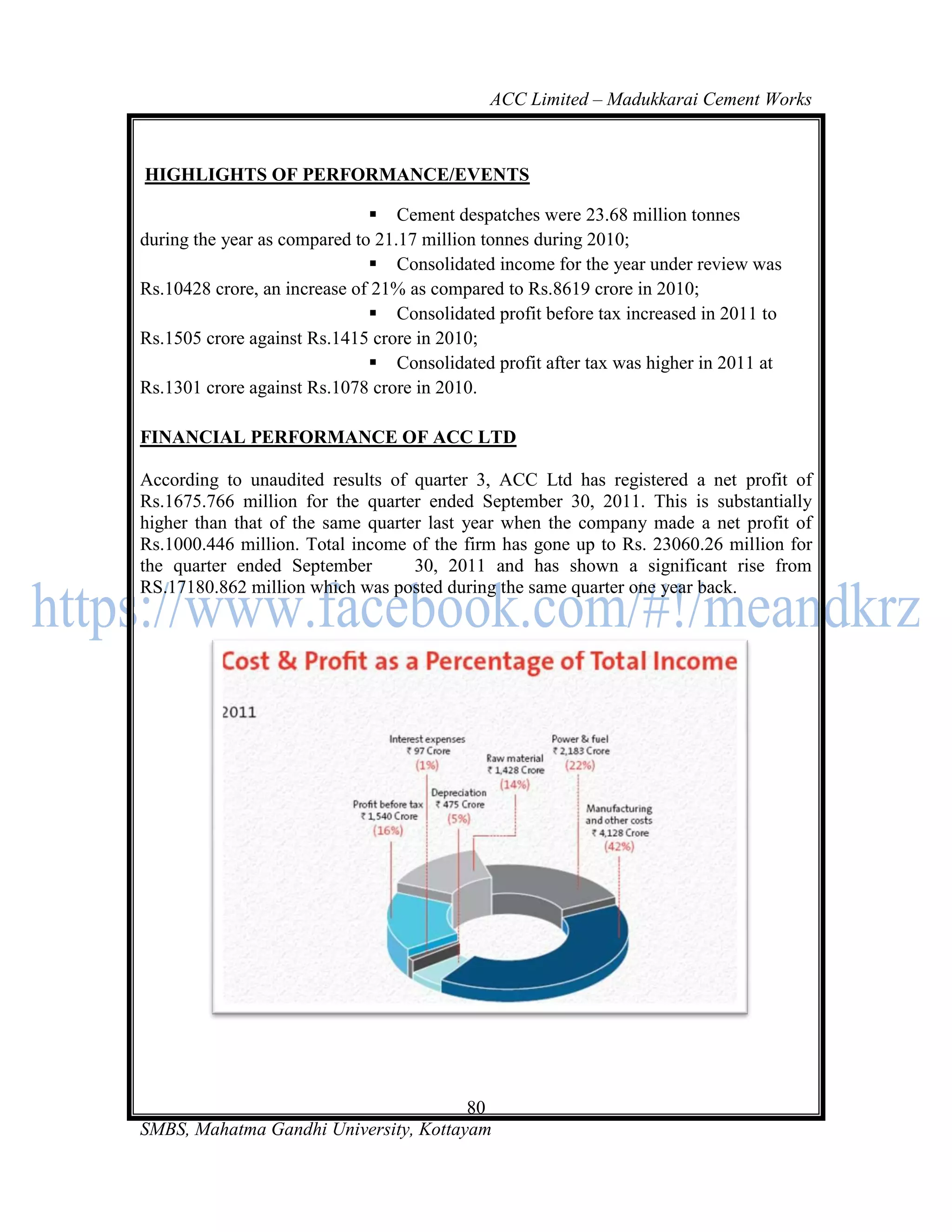 ACC Limited – Madukkarai Cement Works



HIGHLIGHTS OF PERFORMANCE/EVENTS

                               Cement despatches were 23.68 million tonnes
during the year as compared to 21.17 million tonnes during 2010;
                               Consolidated income for the year under review was
Rs.10428 crore, an increase of 21% as compared to Rs.8619 crore in 2010;
                               Consolidated profit before tax increased in 2011 to
Rs.1505 crore against Rs.1415 crore in 2010;
                               Consolidated profit after tax was higher in 2011 at
Rs.1301 crore against Rs.1078 crore in 2010.

FINANCIAL PERFORMANCE OF ACC LTD

According to unaudited results of quarter 3, ACC Ltd has registered a net profit of
Rs.1675.766 million for the quarter ended September 30, 2011. This is substantially
higher than that of the same quarter last year when the company made a net profit of
Rs.1000.446 million. Total income of the firm has gone up to Rs. 23060.26 million for
the quarter ended September        30, 2011 and has shown a significant rise from
RS.17180.862 million which was posted during the same quarter one year back.




                                       80
SMBS, Mahatma Gandhi University, Kottayam
 