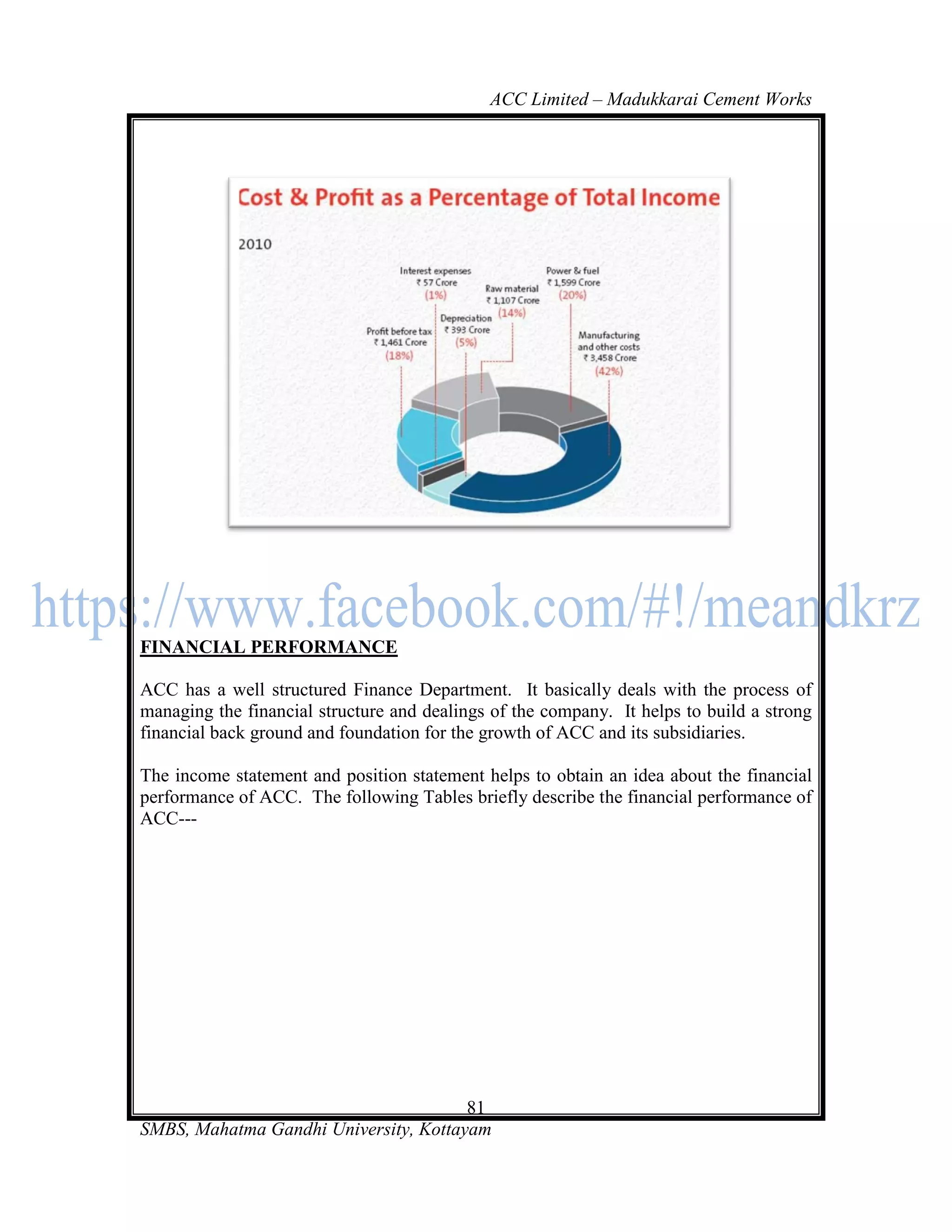 ACC Limited – Madukkarai Cement Works




FINANCIAL PERFORMANCE

ACC has a well structured Finance Department. It basically deals with the process of
managing the financial structure and dealings of the company. It helps to build a strong
financial back ground and foundation for the growth of ACC and its subsidiaries.

The income statement and position statement helps to obtain an idea about the financial
performance of ACC. The following Tables briefly describe the financial performance of
ACC---




                                       81
SMBS, Mahatma Gandhi University, Kottayam
 