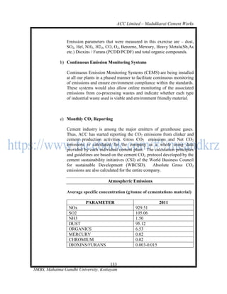 ACC Limited – Madukkarai Cement Works



                Emission parameters that were measured in this exercise are – dust,
                SO2, Hel, NH3, H2O, CO, O2, Benzene, Mercury, Heavy Metals(Sb,As
                etc.) Dioxins / Furans (PCDD/PCDF) and total organic compounds.

             b) Continuous Emission Monitoring Systems

                Continuous Emission Monitoring Systems (CEMS) are being installed
                at all our plants in a phased manner to facilitate continuous monitoring
                of emissions and ensure environment compliance within the standards.
                These systems would also allow online monitoring of the associated
                emissions from co-processing wastes and indicate whether each type
                of industrial waste used is viable and environment friendly material.



             c) Monthly CO2 Reporting

                Cement industry is among the major emitters of greenhouse gases.
                Thus, ACC has started reporting the CO2 emissions from clinker and
                cement production activities. Gross CO2 emissions and Net CO2
                emissions is calculated for the company as a whole using data
                provided by each individual cement plant. The calculation principles
                and guidelines are based on the cement CO2 protocol developed by the
                cement sustainability initiatives (CSI) of the World Business Council
                for sustainable Development (WBCSD).             Absolute Gross CO2
                emissions are also calculated for the entire company.

                                       Atmospheric Emissions

                Average specific concentration (g/tonne of cementations material)

                        PARAMETER                                    2011
                 NOx                                   929.51
                 SO2                                   105.06
                 NH3                                   1.50
                 DUST                                  95.12
                 ORGANICS                              6.53
                 MERCURY                               0.02
                 CHROMIUM                              0.02
                 DIOXINS/FURANS                        0.003-0.015



                                      133
SMBS, Mahatma Gandhi University, Kottayam
 