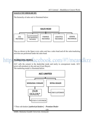 ACC Limited – Madukkarai Cement Works
SALES UNIT HIERARCHY

The hierarchy of sales unit is illustrated below:




                                     SALES HEAD


                   ACVERTISEMENT                                          ADMIN
     CSS           AND BRANDING
                                        FINANCE          LOGISTICS
  INCHARGE           INCHARGE          INCHARGE          INCHARGE       INCHAREGE




Thus as shown in the figure every sales unit has a sales head and all the sales/marketing
activities are performed under the sales head.


MARKETING MODEL

ACC sells the cement in the dealership mode and rarely in consignment mode. ACC
never sells products to the end user (Laye Buyer).
The marketing model is illustrated below:


                                   ACC LIMITED


                  WHOLESAL E DEALER                 RETAIL DEALER



                        (SUB                         END CUSTOMER
                      DEALER)*

                         END CUSTOMER


* Three sub dealers [authorized dealers] – Premium Dealer
                                      159
SMBS, Mahatma Gandhi University, Kottayam
 