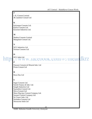 ACC Limited – Madukkarai Cement Works
J
J. K. Cement Limited
JK Lakshmi Cement Ltd

K
Kalyanpur Cements Ltd.
Katwa Cements Ltd
Kesoram Industries Ltd.

M
Madras Cements Limited
Mangalam Cement Ltd.

N
NCL Industries Ltd.
Nirman Cements Ltd

O
OCL India Ltd.

P
Panyam Cements & Mineral Inds. Ltd
Prism Cement Ltd

R
Rose Zinc Ltd

S
Sagar Cements Ltd.
Sainik Finance & Inds. Ltd.
Sanghi Industries Ltd
Saurashtra Cement Ltd.
Shiva Cement Ltd
Shree Digvijay Cement Company Ltd.
Somani Cement Company Ltd
Sri Vasavi Inds. Ltd
Srichakra Cements Ltd
Stresscrete India Ltd


                                       21
SMBS, Mahatma Gandhi University, Kottayam
 