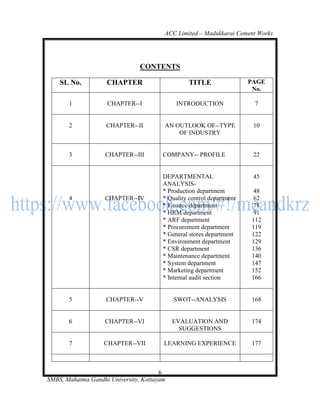 ACC Limited – Madukkarai Cement Works




                                CONTENTS

    SL No.          CHAPTER                       TITLE                PAGE
                                                                        No.

       1            CHAPTER--I               INTRODUCTION               7


       2            CHAPTER--II         AN OUTLOOK OF--TYPE             10
                                            OF INDUSTRY


       3            CHAPTER--III        COMPANY-- PROFILE               22


                                        DEPARTMENTAL                    45
                                        ANALYSIS-
                                        * Production department         48
       4            CHAPTER--IV         * Quality control department    62
                                        * Finance department            78
                                        * HRM department                91
                                        * ARF department               112
                                        * Procurement department       119
                                        * General stores department    122
                                        * Environment department       129
                                        * CSR department               136
                                        * Maintenance department       140
                                        * System department            147
                                        * Marketing department         152
                                        * Internal audit section       166


       5            CHAPTER--V              SWOT--ANALYSIS             168


       6            CHAPTER--VI             EVALUATION AND             174
                                              SUGGESTIONS

       7           CHAPTER--VII         LEARNING EXPERIENCE            177



                                       6
SMBS, Mahatma Gandhi University, Kottayam
 