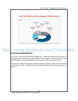 ACC Limited – Madukkarai Cement Works




FINANCIAL PERFORMANCE

ACC has a well structured Finance Department. It basically deals with the process of
managing the financial structure and dealings of the company. It helps to build a strong
financial back ground and foundation for the growth of ACC and its subsidiaries.

The income statement and position statement helps to obtain an idea about the financial
performance of ACC. The following Tables briefly describe the financial performance of
ACC---




                                       81
SMBS, Mahatma Gandhi University, Kottayam
 