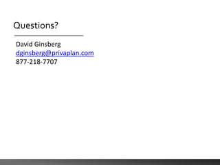 Questions?
David Ginsberg
dginsberg@privaplan.com
877-218-7707
 