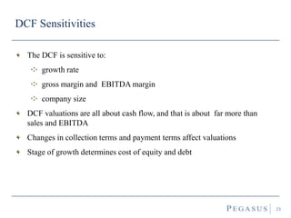 DCF Sensitivities
23
The DCF is sensitive to:
growth rate
gross margin and EBITDA margin
company size
DCF valuations are all about cash flow, and that is about far more than
sales and EBITDA
Changes in collection terms and payment terms affect valuations
Stage of growth determines cost of equity and debt
 