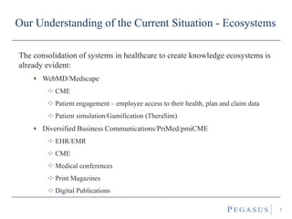 Our Understanding of the Current Situation - Ecosystems
The consolidation of systems in healthcare to create knowledge ecosystems is
already evident:
WebMD/Medscape
CME
Patient engagement – employee access to their health, plan and claim data
Patient simulation/Gamification (TheraSim)
Diversified Business Communications/PriMed/pmiCME
EHR/EMR
CME
Medical conferences
Print Magazines
Digital Publications
7
 