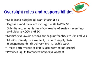 Oversight roles and responsibilities
• Collect and analyzes relevant information
• Organizes and carries of oversight visits to PRs, SRs
• Submits recommendations from results of reviews, meetings,
and visits to ACCM and EC
• Monitors follow-up actions and regular feedback to PRs and SRs
• Monitors timely procurement, issues of supply chain
management, timely delivery and managing stock
• Tracks performance of grants (achievement of targets)
• Provides inputs to concept note development
 