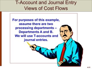 4-11
For purposes of this example,
assume there are two
processing departments –
Departments A and B.
We will use T-accounts and
journal entries.
T-Account and Journal Entry
Views of Cost Flows
 