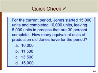 4-26
For the current period, Jones started 15,000
units and completed 10,000 units, leaving
5,000 units in process that are 30 percent
complete. How many equivalent units of
production did Jones have for the period?
a. 10,000
b. 11,500
c. 13,500
d. 15,000
Quick Check 
 