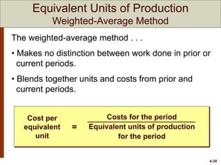 4-30
Cost per
equivalent
unit
=
Costs for the period
Equivalent units of production
for the period
The weighted-average method . . .
• Makes no distinction between work done in prior or
current periods.
• Blends together units and costs from prior and
current periods.
Equivalent Units of Production
Weighted-Average Method
 